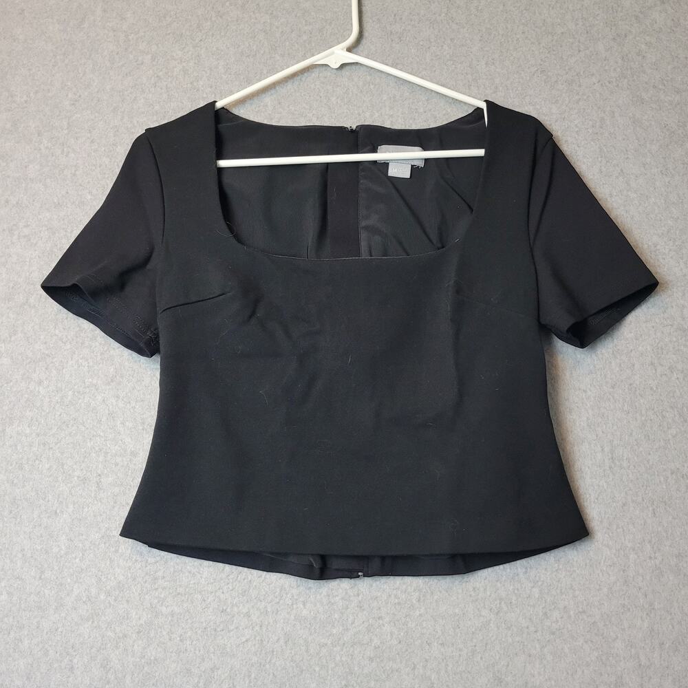 Finders Black SS Cropped Square Neck Viscose Blouse Women's Size Medium Stretch